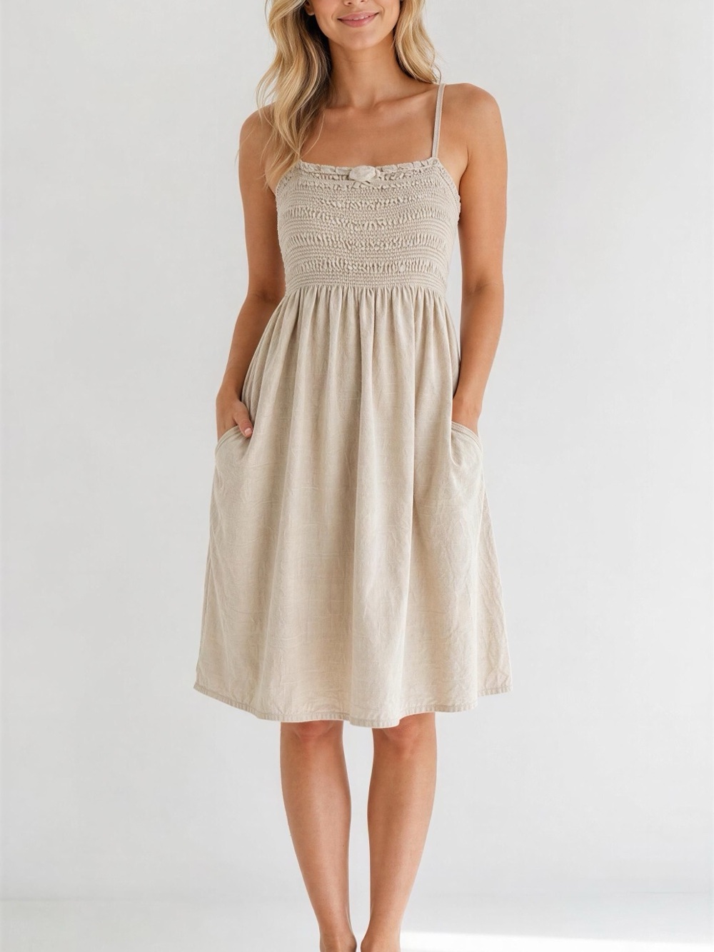 Universal Thread Beige Smocked Bodice Spaghetti Strap Midi Dress